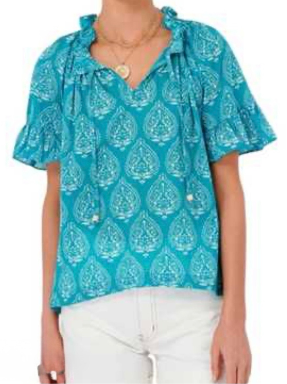 Tuckernuck Teal Paisley Ruffle-Sleeve Blouse